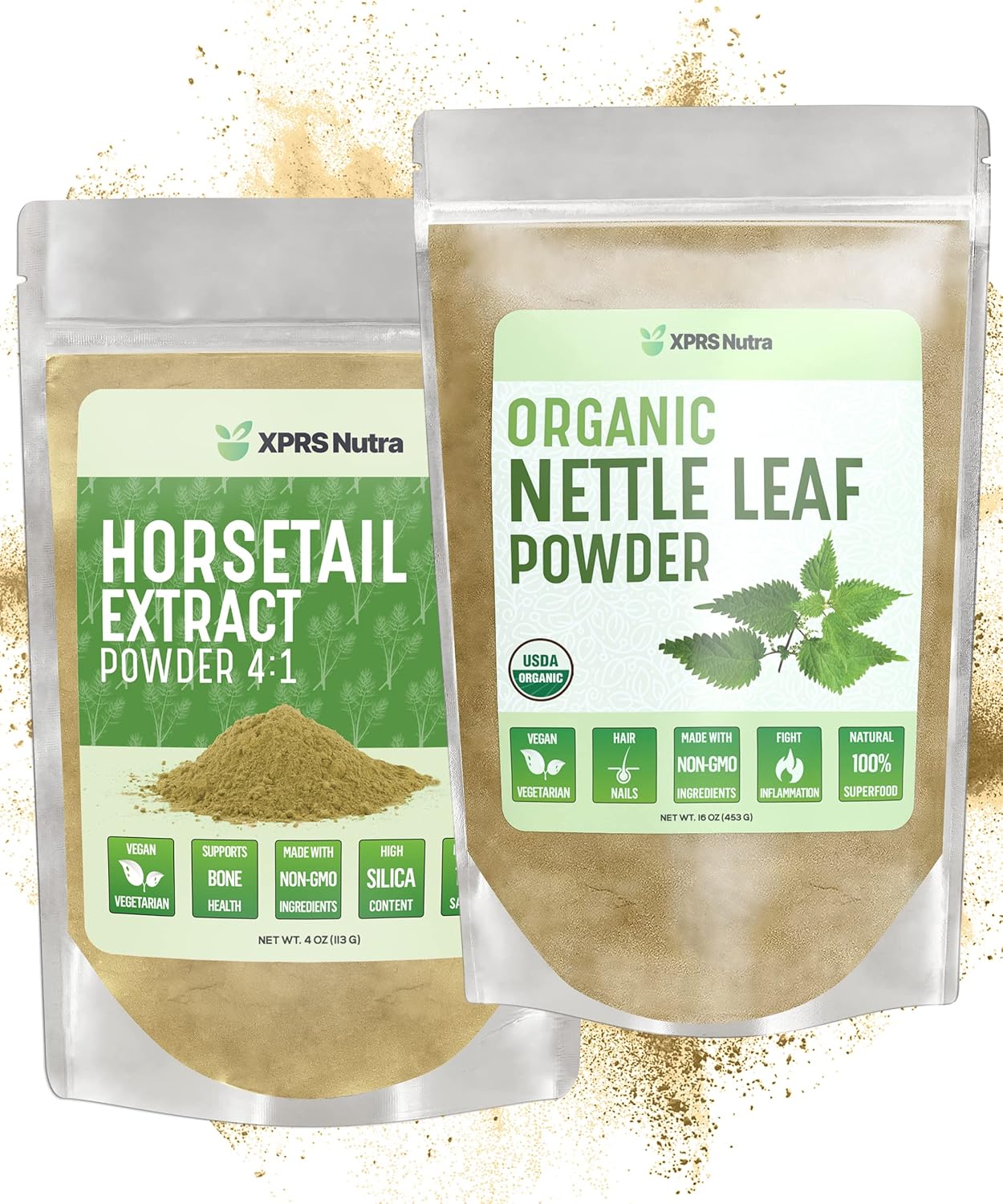 Bundle: XPRS Nutra Organic Nettle Leaf Powder & Horsetail Extract - 16 Ounces Each