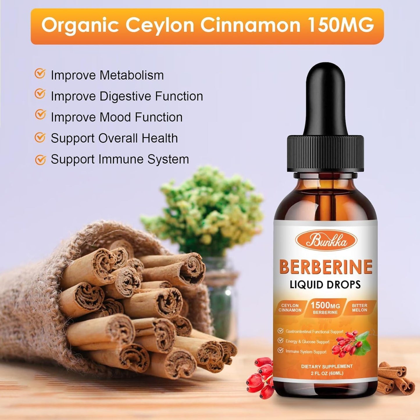 Bunkka Berberine Liquid Drops (2 Pack) with Ceylon Cinnamon & Bitter Melon - Immune & Digestive Support Supplement - 4 FL Oz