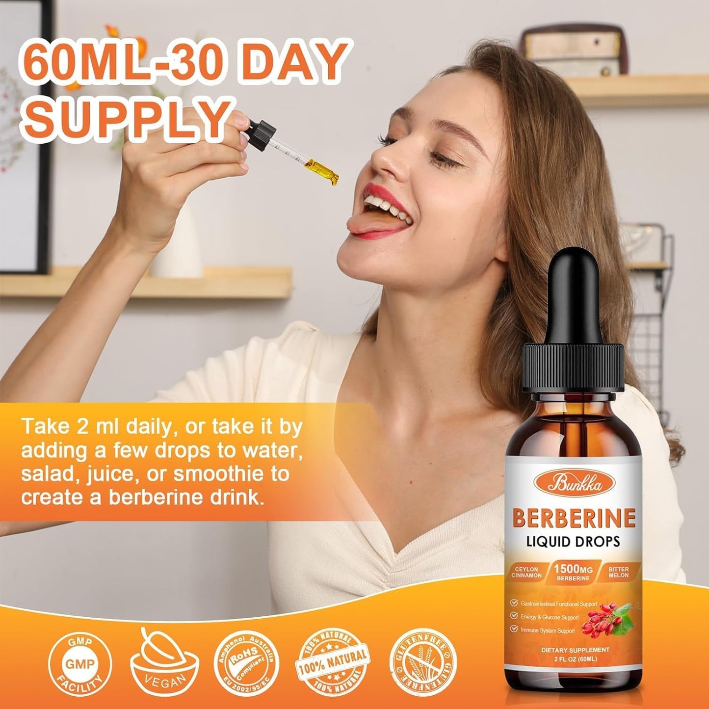 Bunkka Berberine Liquid Drops (2 Pack) with Ceylon Cinnamon & Bitter Melon - Immune & Digestive Support Supplement - 4 FL Oz