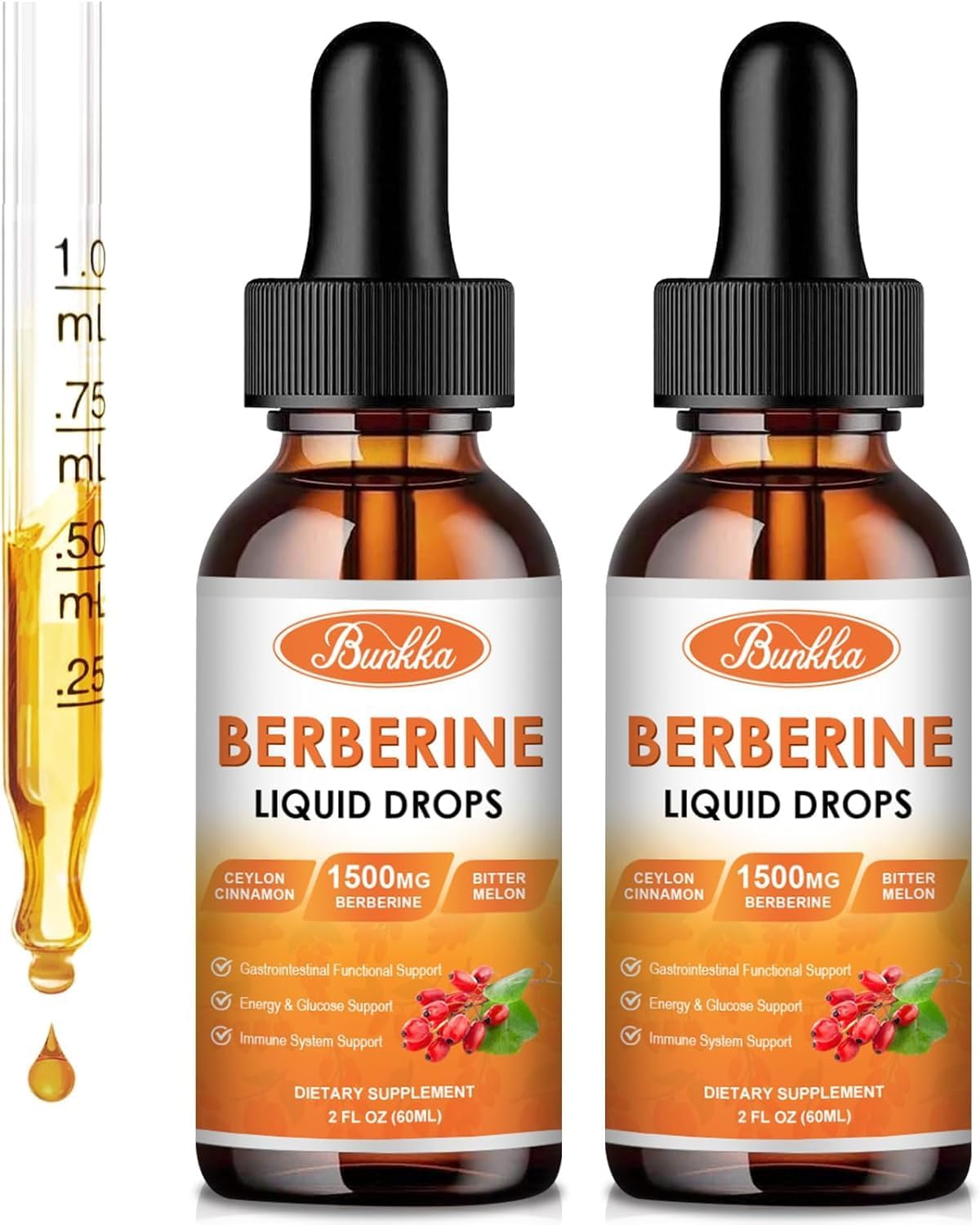 Bunkka Berberine Liquid Drops (2 Pack) with Ceylon Cinnamon & Bitter Melon - Immune & Digestive Support Supplement - 4 FL Oz