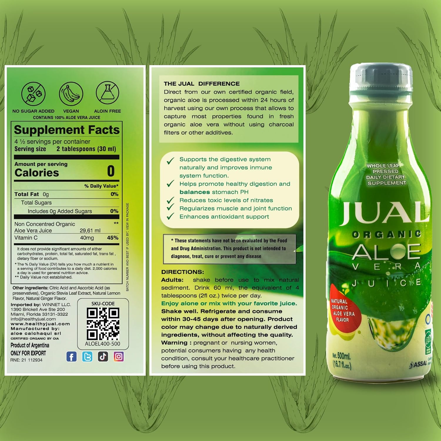 Buy JUAL Healthy Organic Aloe Vera Juice 16.7 Fl Oz - Natural Flavor - Vegan, Zero Sugar - Pure Aloe Juice for Gut Health - Immune Booster - 500ml (1 Pack)