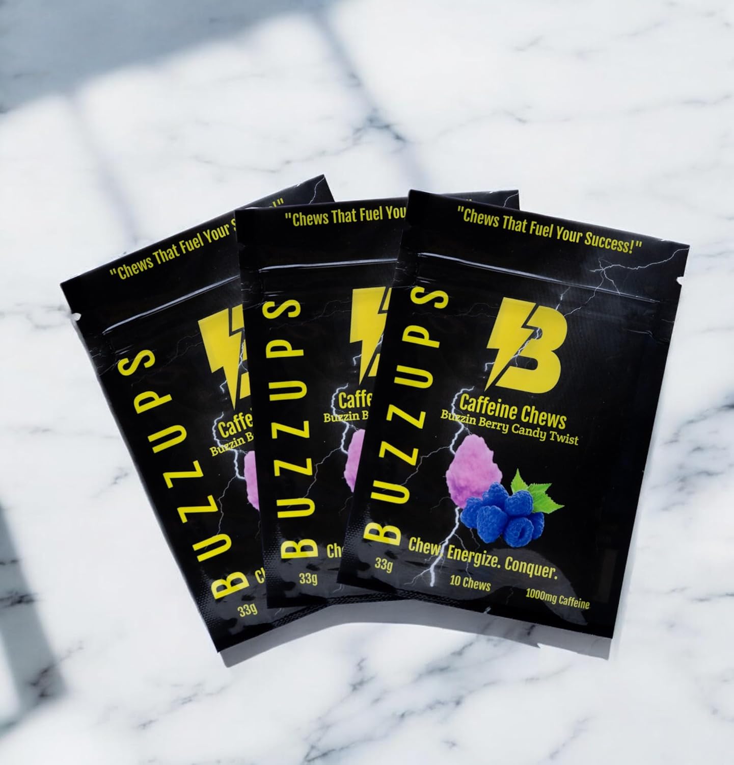 BuzzUps Caffeine Gummies - 100mg Caffeine per Gummy, Berry Twist Flavor, Energy Supplement for Endurance Sports - 30 Gummies, 3-Pack