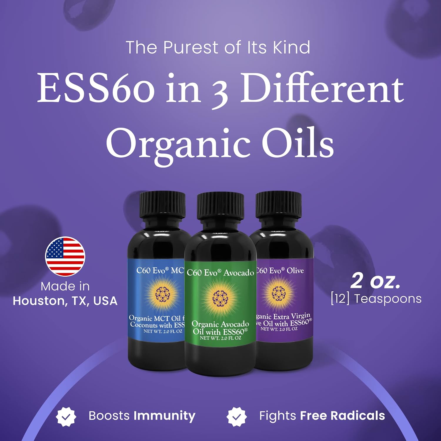 C60 Evo Mini Sampler Set: Pure C60 ESS60 with Olive, Avocado, and MCT Coconut Oils - Immune & Joint Support - 3x2oz
