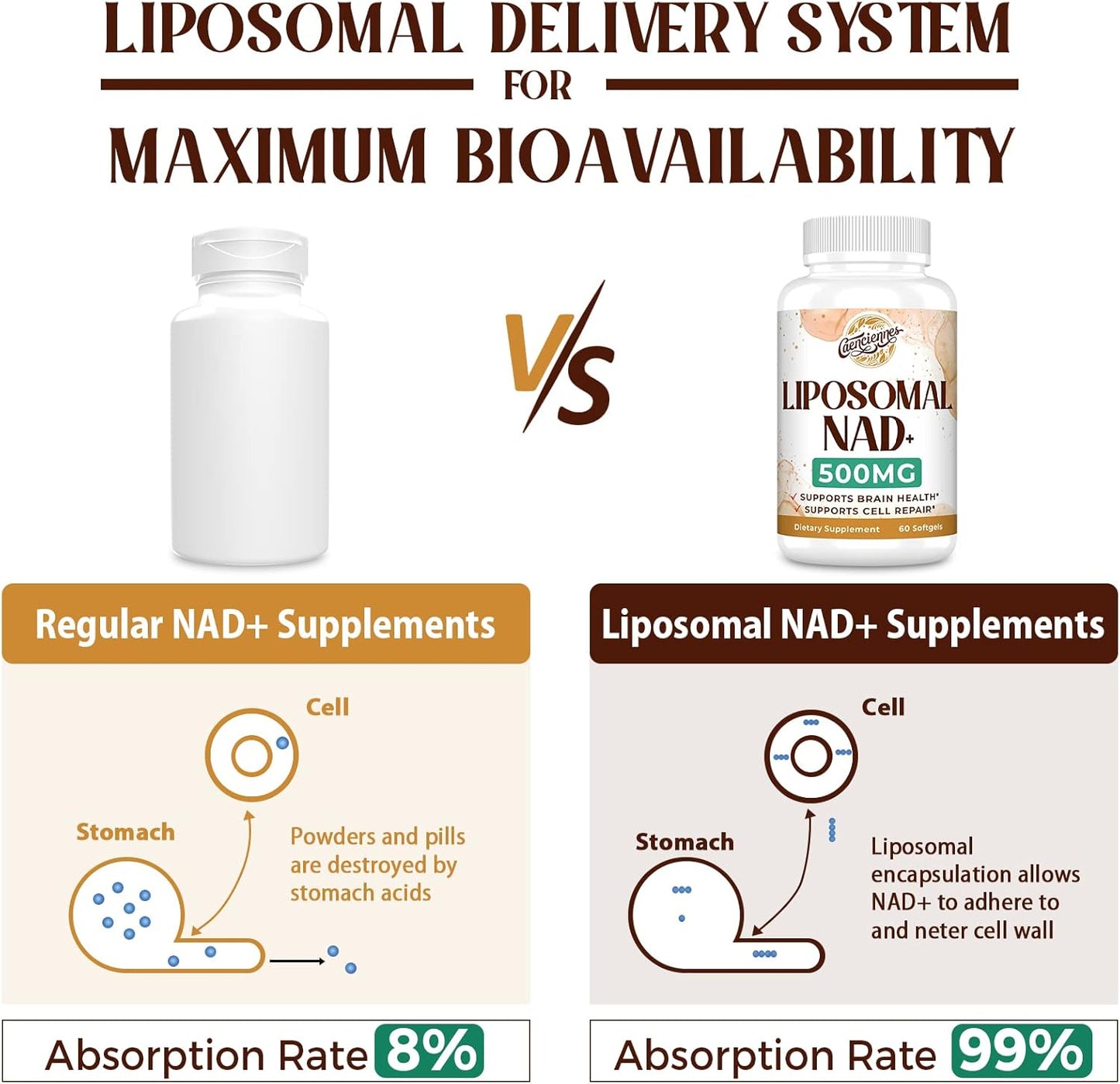 Caenciennes Liposomal NAD+ 500 MG Supplement for Cellular Energy & Healthy Aging, 240 Servings, High Absorption NAD Plus Formula