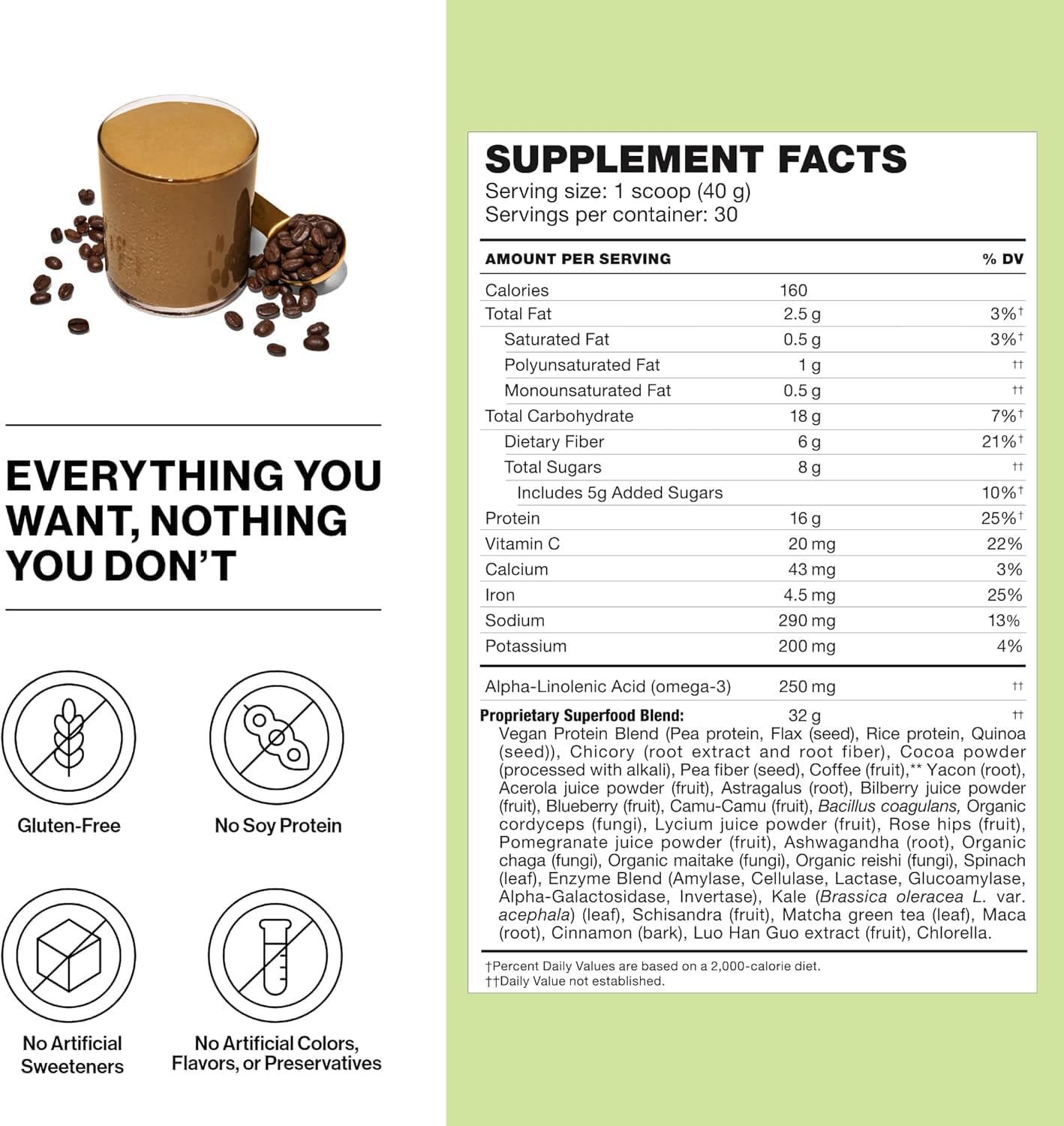 Cafe Latte Vegan Protein Powder - Gluten Free Superfood Shake for Weight Loss & Gut Health - Supports Lean Muscle & Stress Management - 30 Servings