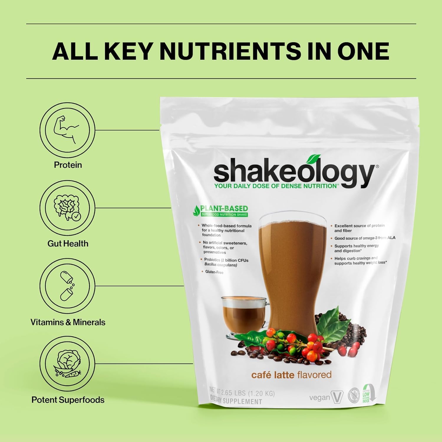 Cafe Latte Vegan Protein Powder - Gluten Free Superfood Shake for Weight Loss & Gut Health - Supports Lean Muscle & Stress Management - 30 Servings