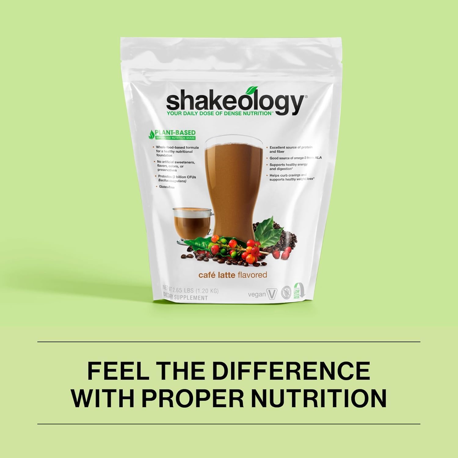 Cafe Latte Vegan Protein Powder - Gluten Free Superfood Shake for Weight Loss & Gut Health - Supports Lean Muscle & Stress Management - 30 Servings