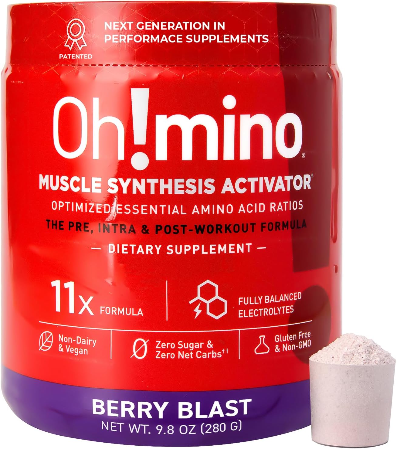 Caffeinated Berry Blast BCAA Amino Acids Powder - Vegan Muscle Gain Supplement for Pre & Post Workout Recovery - Zero Sugar & Net Carbs - 280g, 40 Servings