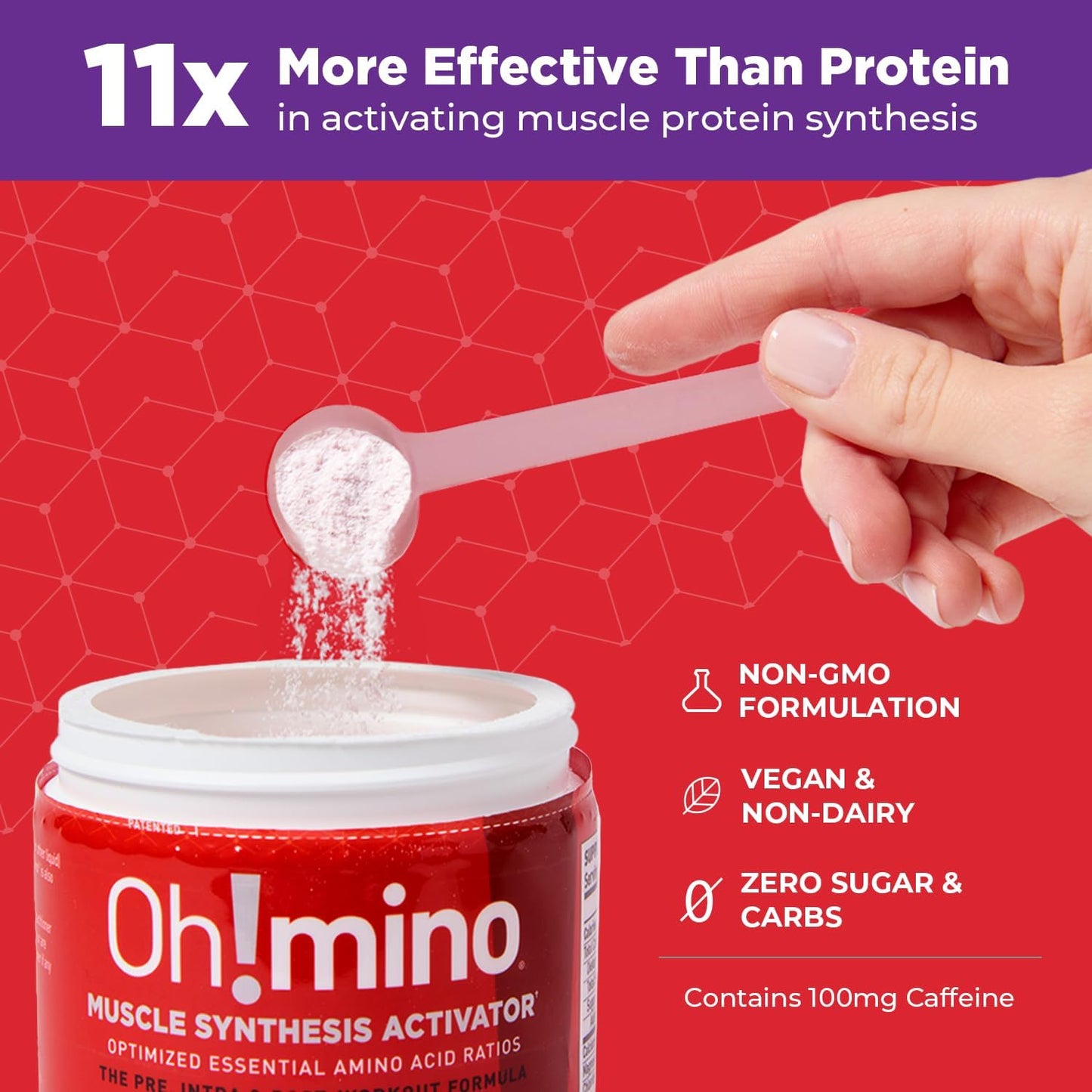 Caffeinated Berry Blast BCAA Amino Acids Powder - Vegan Muscle Gain Supplement for Pre & Post Workout Recovery - Zero Sugar & Net Carbs - 280g, 40 Servings