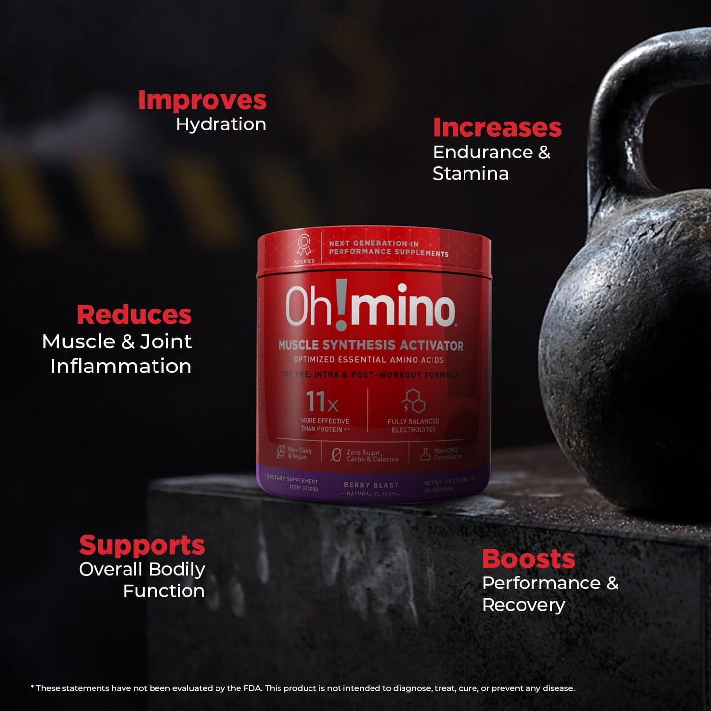 Caffeinated Berry Blast BCAA Amino Acids Powder - Vegan Muscle Gain Supplement for Pre & Post Workout Recovery - Zero Sugar & Net Carbs - 280g, 40 Servings