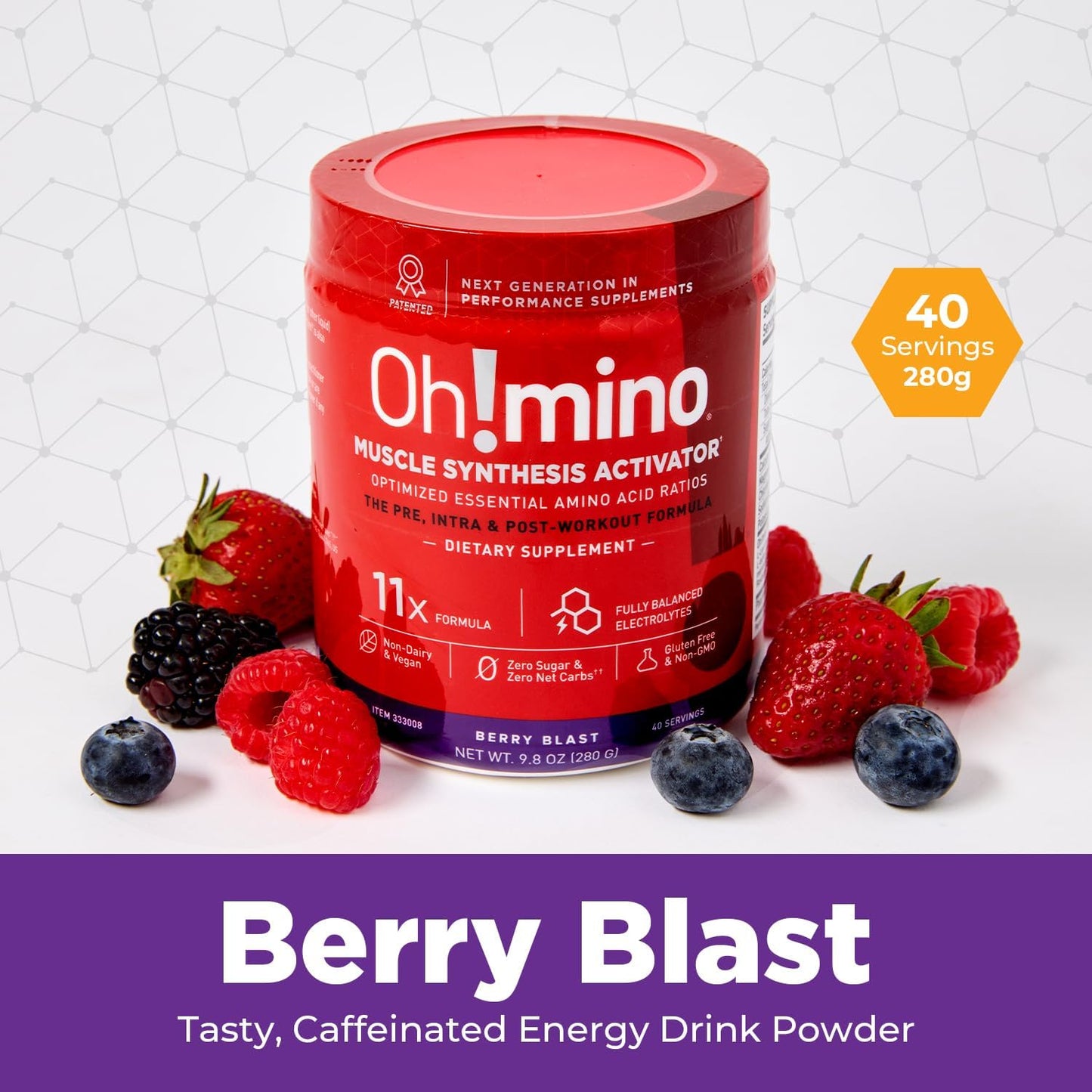 Caffeinated Berry Blast BCAA Amino Acids Powder - Vegan Muscle Gain Supplement for Pre & Post Workout Recovery - Zero Sugar & Net Carbs - 280g, 40 Servings