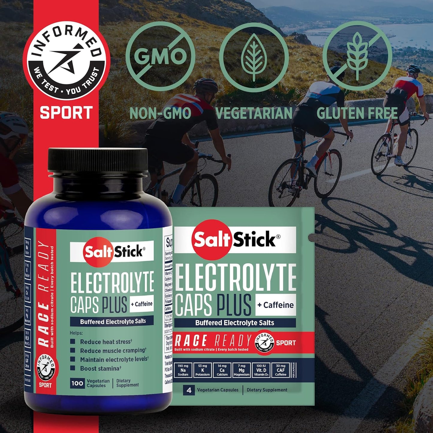 Caffeinated SaltStick Electrolyte Capsules for Running and Hydration | 96 Capsules, 24 Packets | Reduce Muscle Cramps