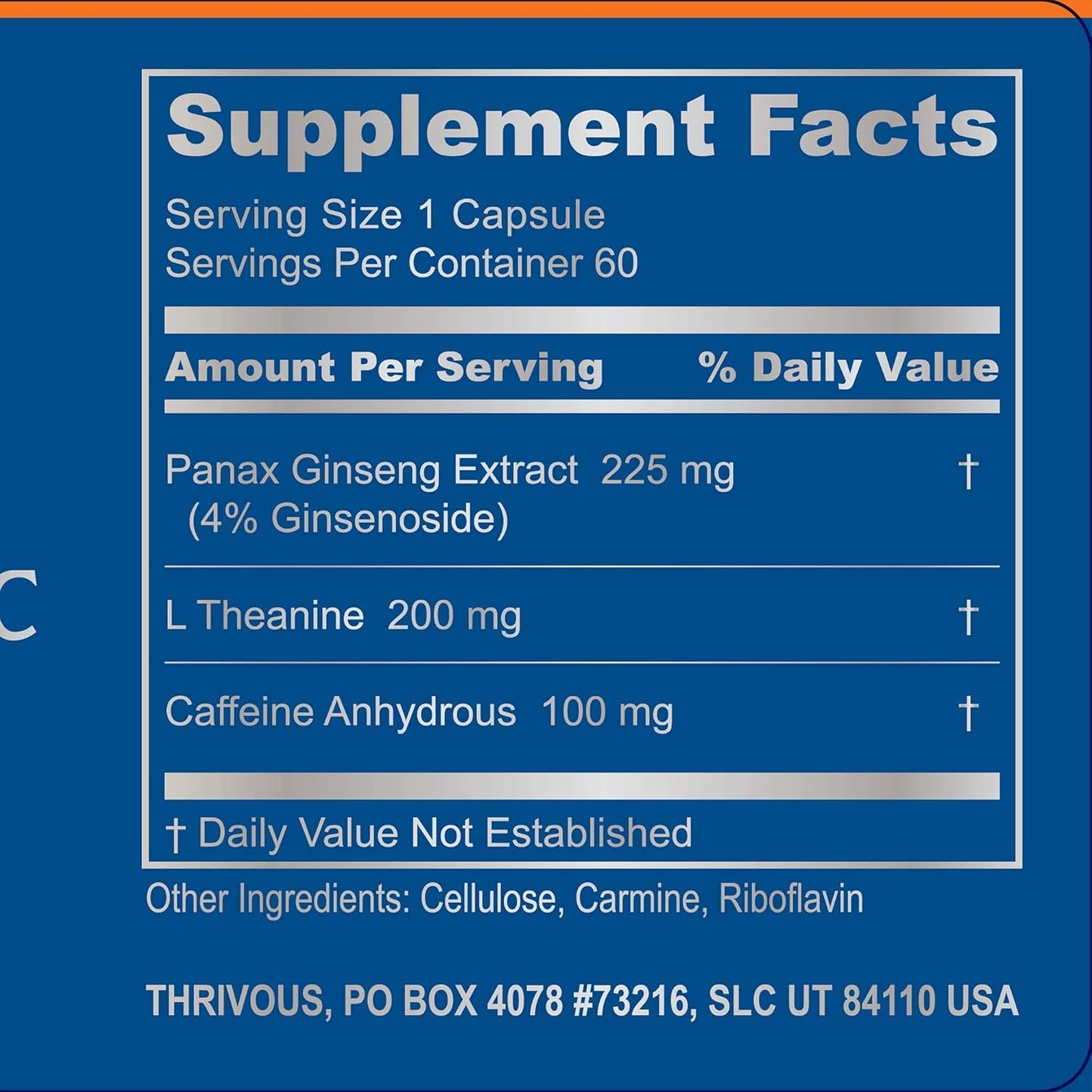 Caffeine and L-Theanine Capsules with Ginseng for Jitter-Free Energy Boost - Natural Nootropic Supplement with Zero Sugar - 60 Capsules