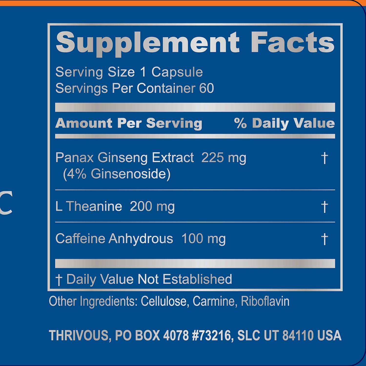 Caffeine and L-Theanine Capsules with Ginseng for Jitter-Free Energy Boost - Natural Nootropic Supplement with Zero Sugar - 60 Capsules