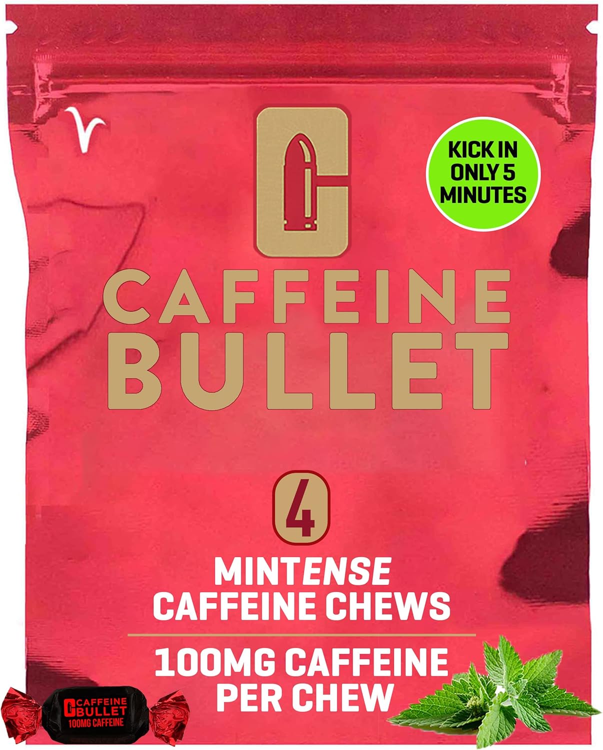 Caffeine Bullet Mint Energy Chews x4 - 100mg per Serving for Enhanced Performance in Running, Cycling, Gaming & Pre Workout Boost