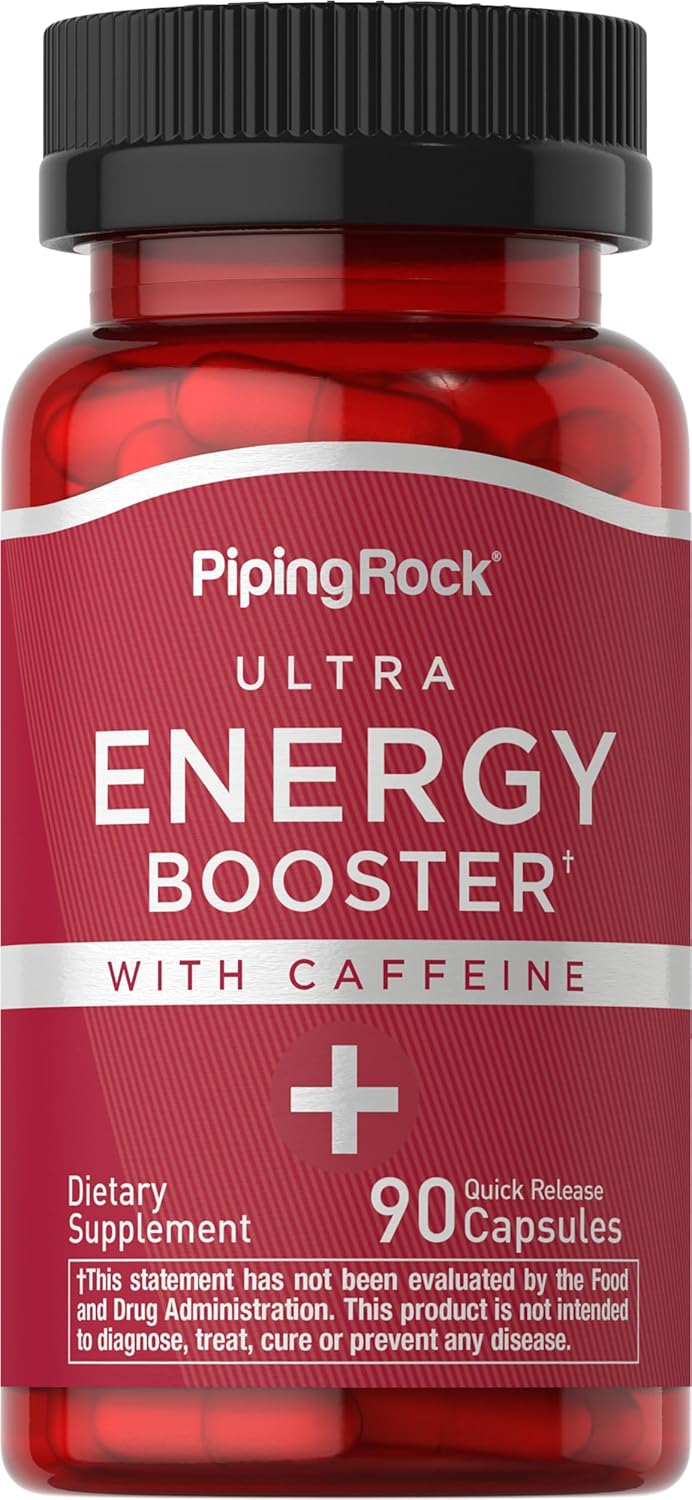 Caffeine Energy Supplement Capsules - 90 Pills for Quick Release Boost | Non-GMO, Gluten Free Formula by Piping Rock