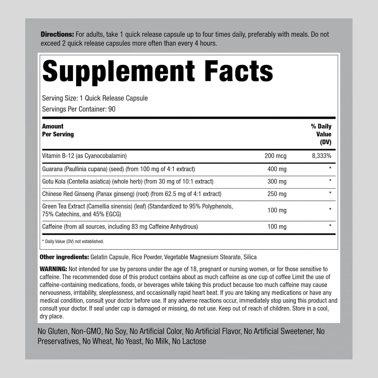 Caffeine Energy Supplement Capsules - 90 Pills for Quick Release Boost | Non-GMO, Gluten Free Formula by Piping Rock