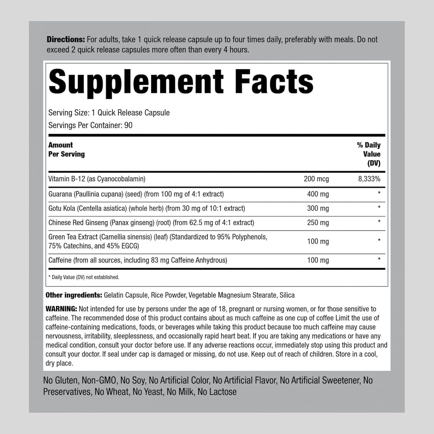 Caffeine Energy Supplement Capsules - 90 Pills for Quick Release Boost | Non-GMO, Gluten Free Formula by Piping Rock