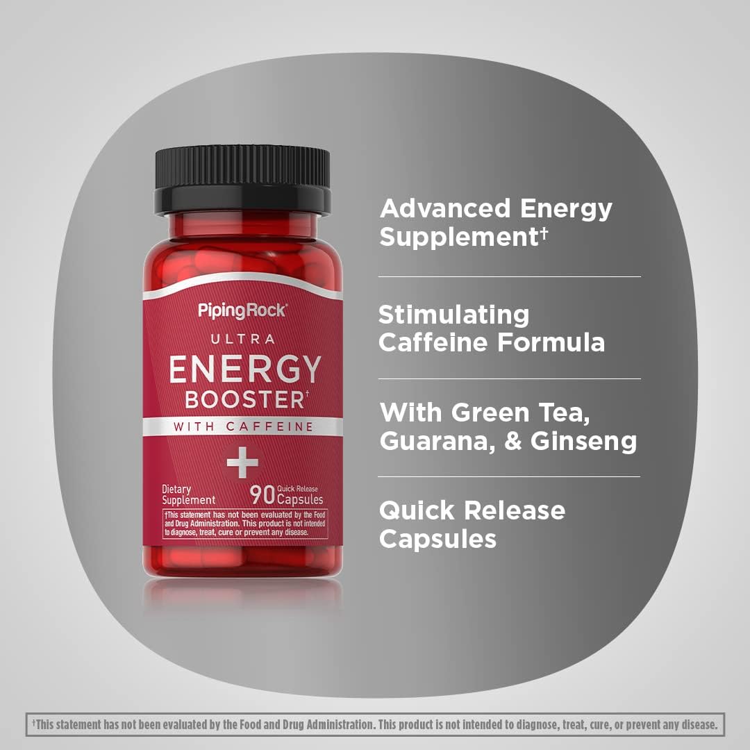 Caffeine Energy Supplement Capsules - 90 Pills for Quick Release Boost | Non-GMO, Gluten Free Formula by Piping Rock