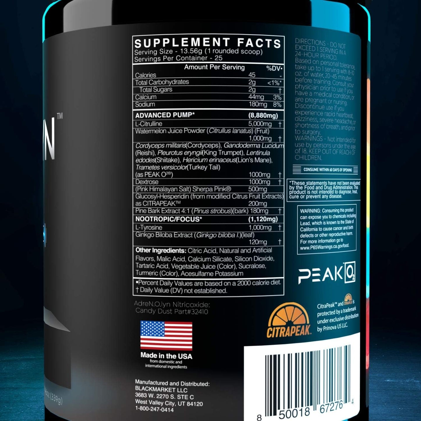 Caffeine-Free Blackmarket AdreNOlyn Stim-Free Pre Workout Powder - Candy Dust Flavor, Nitric Oxide Booster for Men & Women (25 Servings)