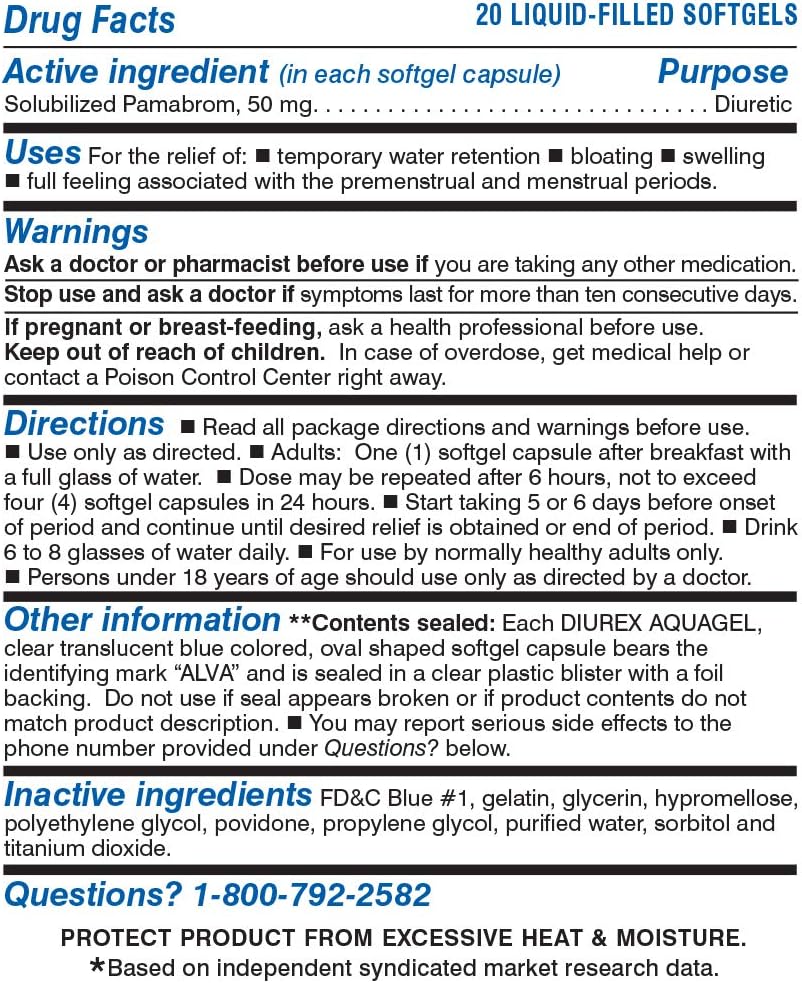 Caffeine-Free Diurex Aquagels - Immediate Release Diuretic for Water Bloat Relief - 20 Count