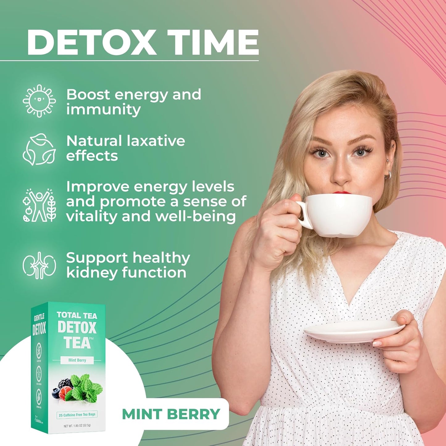 Caffeine-Free Herbal Tea for Digestive Health and Weight Support - Total Tea Slimming Detox with Chamomile, Hibiscus, Ginger Root - Colon Cleanse - Mint Flavor (25-Pack)