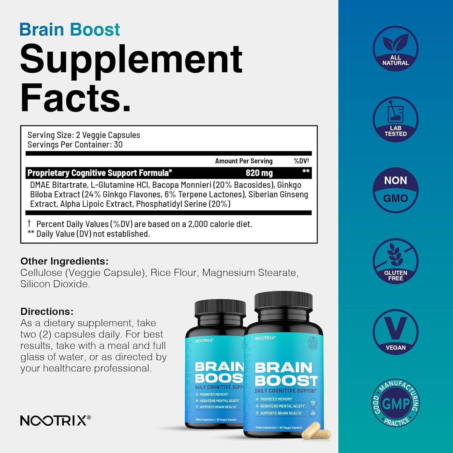 Caffeine-Free Nootropic Supplement for Memory, Focus, and Energy | Supports Cognitive Health with Gingko Biloba & DMAE | 240 Capsules