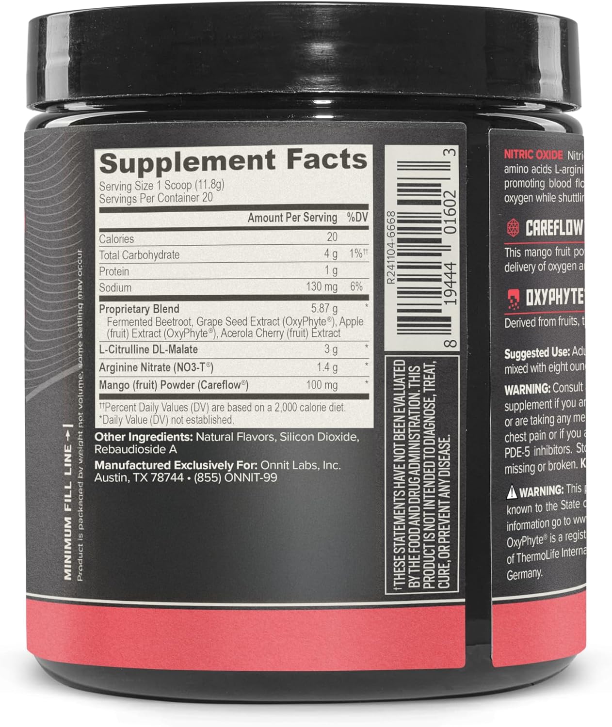 Caffeine-Free ONNIT Total Nitric Oxide Pre-Workout Powder with Beet Root, L Arginine, L Citrulline Malate for Energy and Recovery, Harvest Fruit Flavor