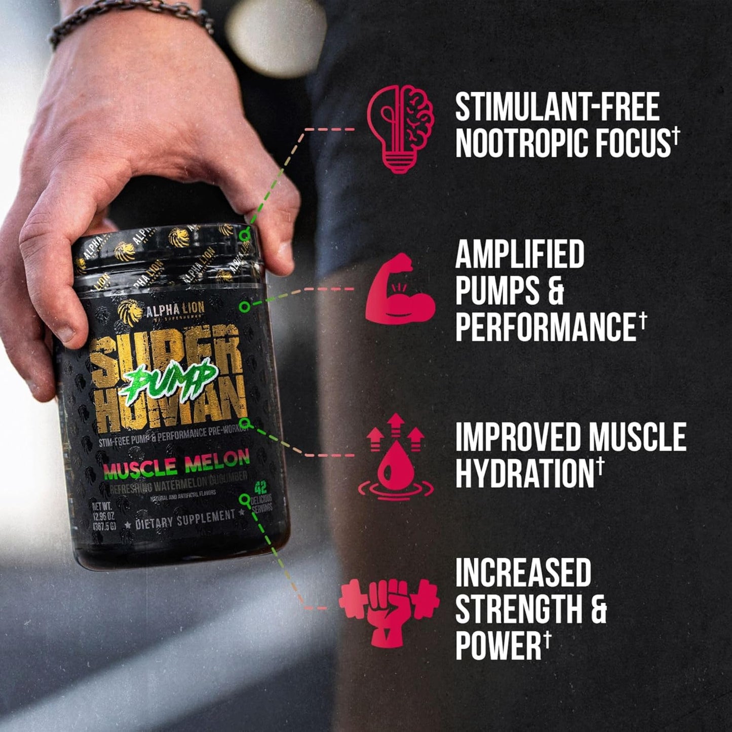 Caffeine-Free Pump Pre Workout Powder for Muscle Gain and Energy Boost - Nitric Oxide Booster with Muscle Melon Flavor (42 Servings)