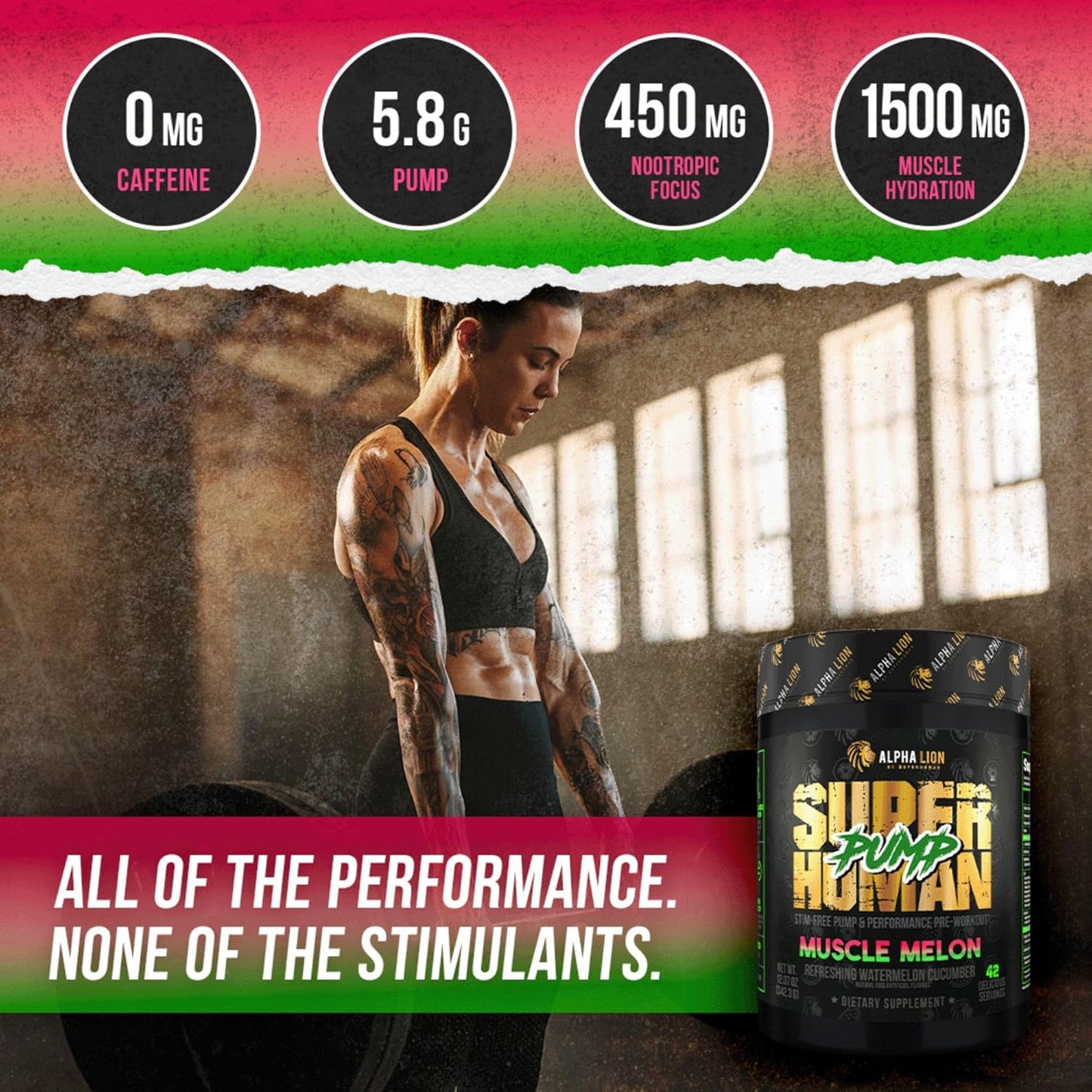 Caffeine-Free Pump Pre Workout Powder for Muscle Gain and Energy Boost - Nitric Oxide Booster with Muscle Melon Flavor (42 Servings)