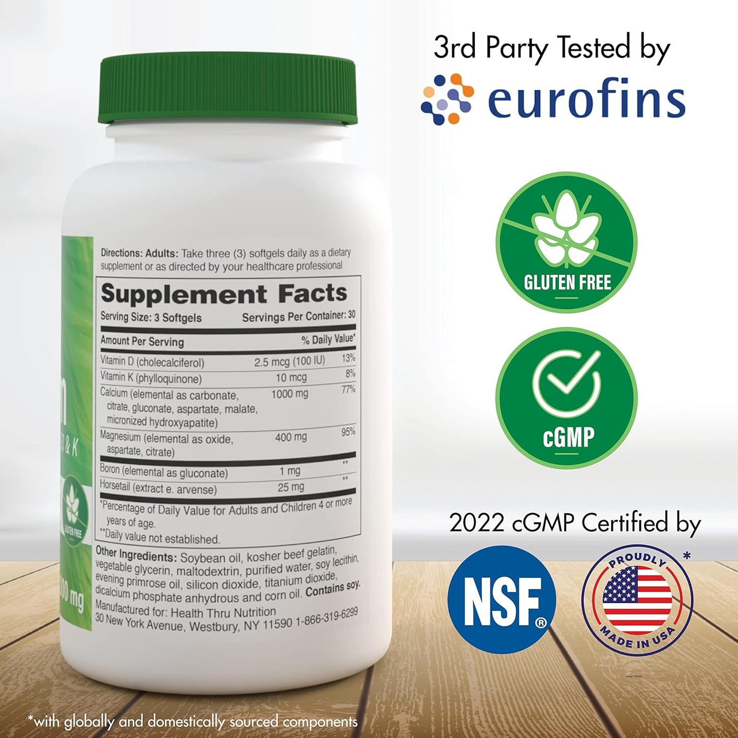 Calcium 1000mg, Magnesium 400mg, Vitamin D3 & K Softgels for Health and Nutrition (90 Count)