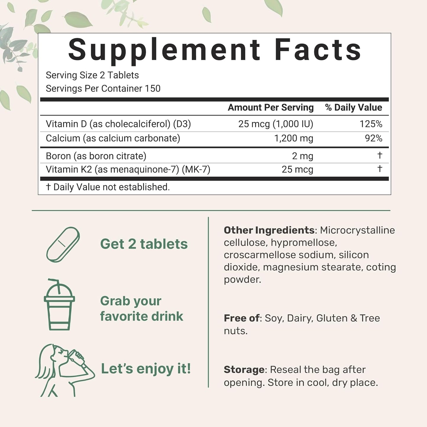 Calcium 1,200 mg with Vitamin D3, K2, and Boron Tablets - Supports Bone & Heart Health | Non-GMO Mineral Complex for Immune System