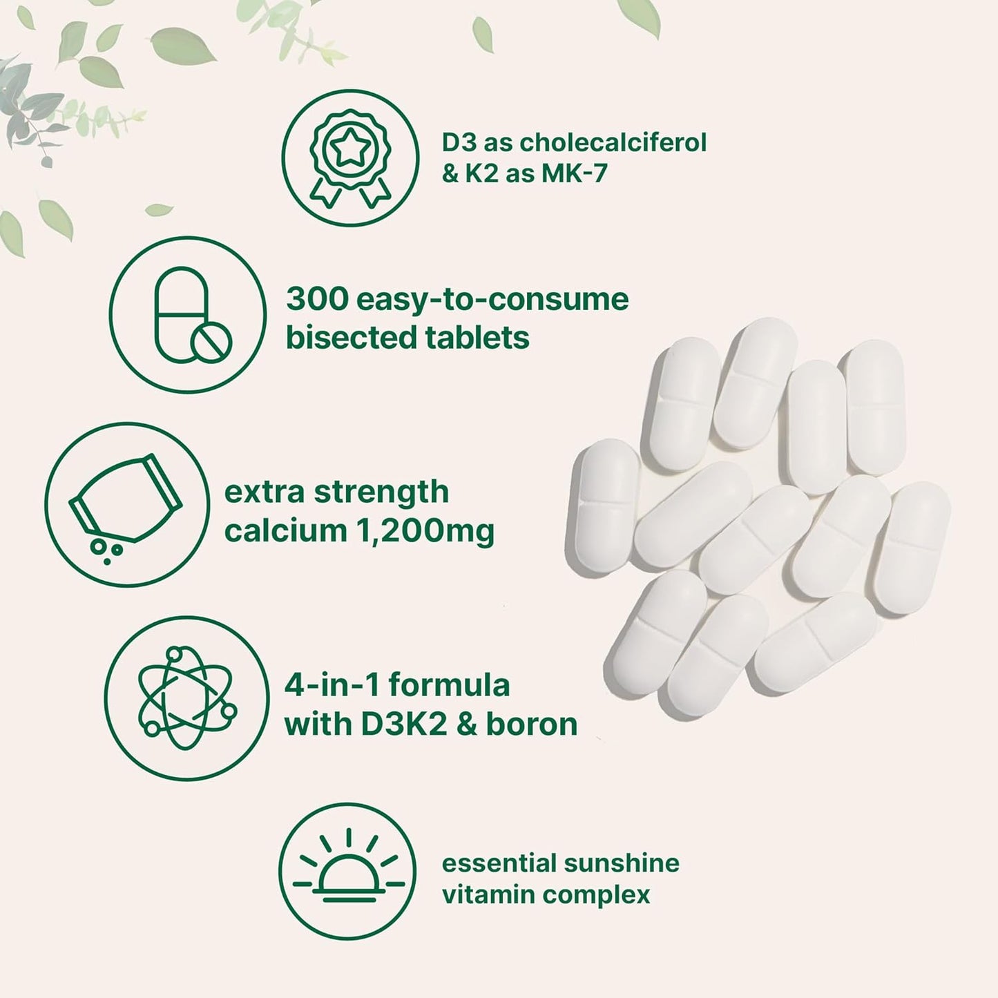 Calcium 1,200 mg with Vitamin D3, K2, and Boron Tablets - Supports Bone & Heart Health | Non-GMO Mineral Complex for Immune System