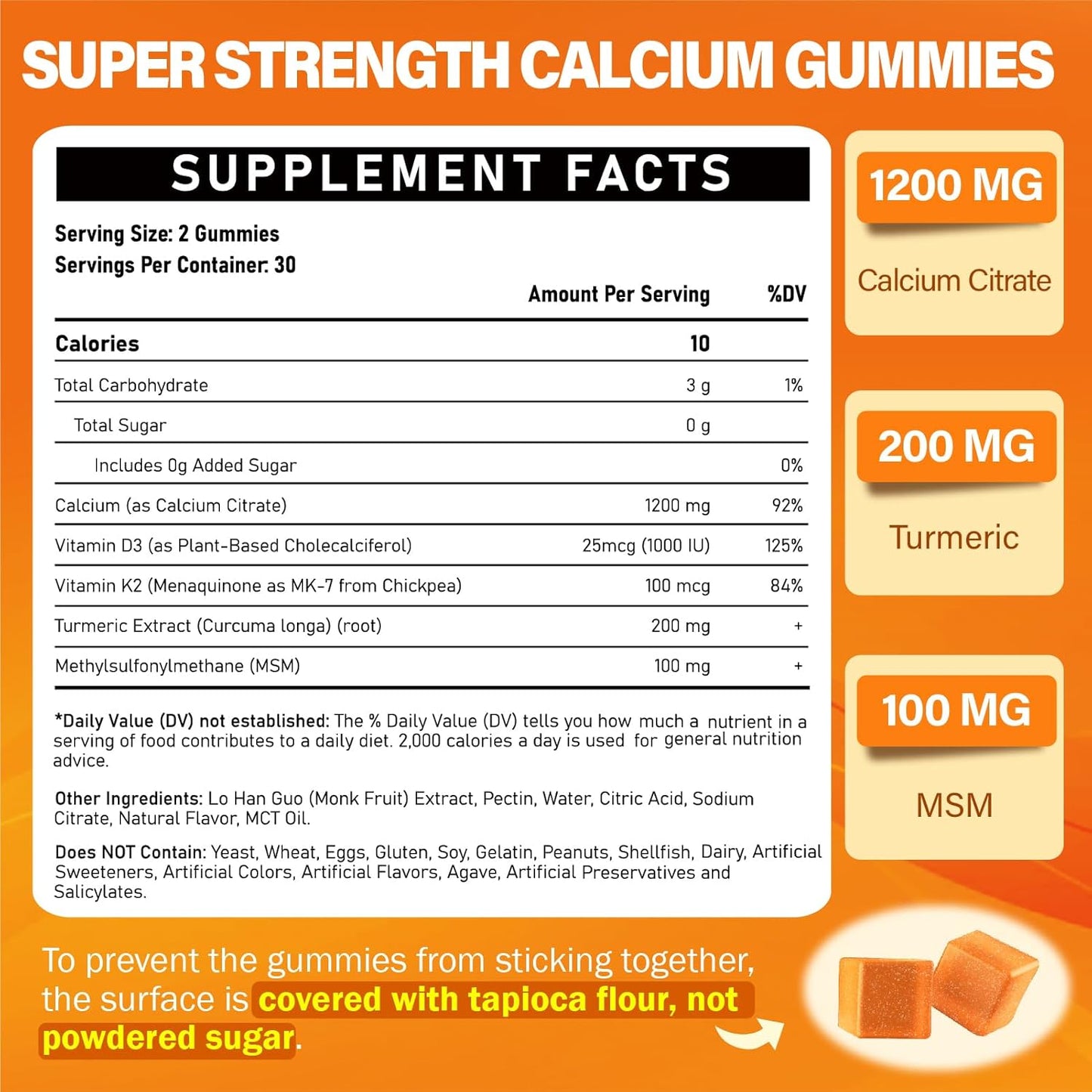 Calcium 1200mg Gummies with Vitamin D3, K2, Turmeric, MSM for Adults - Supports Strength, Muscle, and Immune Health - Sugar Free, Natural Mango Flavor
