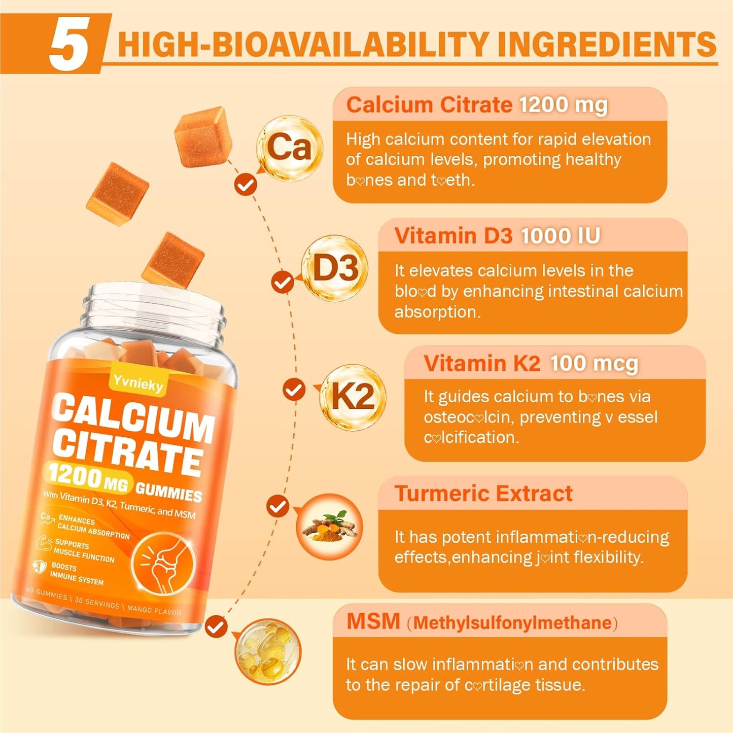 Calcium 1200mg Gummies with Vitamin D3, K2, Turmeric, MSM for Adults - Supports Strength, Muscle, and Immune Health - Sugar Free, Natural Mango Flavor