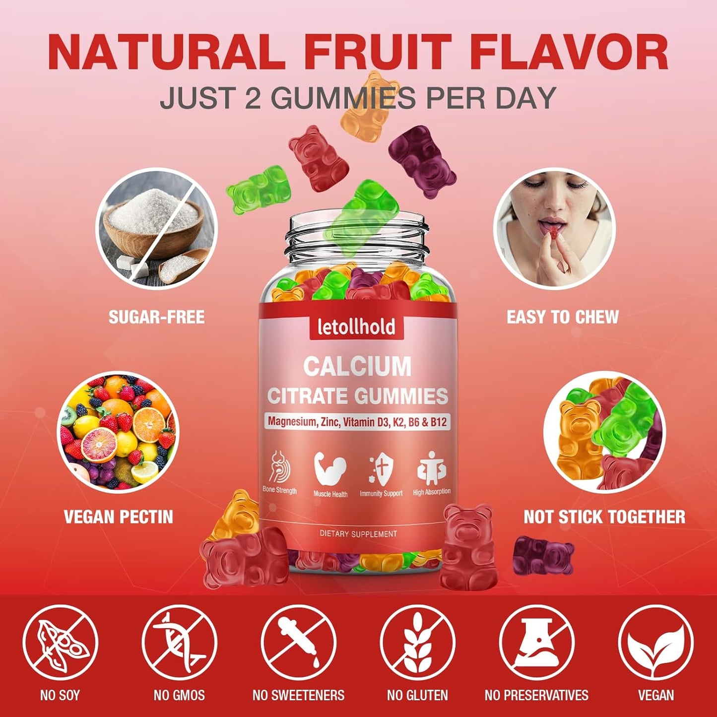 Calcium 1200mg Gummies with Vitamin D3, Magnesium, Zinc - Bone Strength & Immune Support for Women - 60 Chewable Supplements