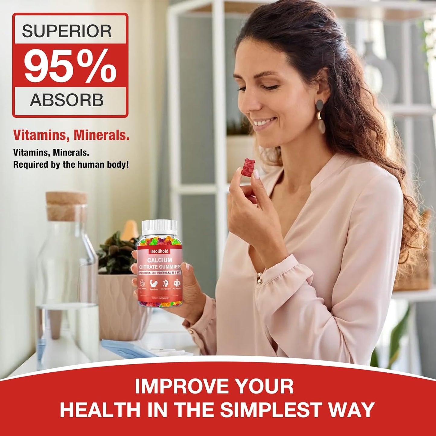 Calcium 1200mg Gummies with Vitamin D3, Magnesium, Zinc - Bone Strength & Immune Support for Women - 60 Chewable Supplements