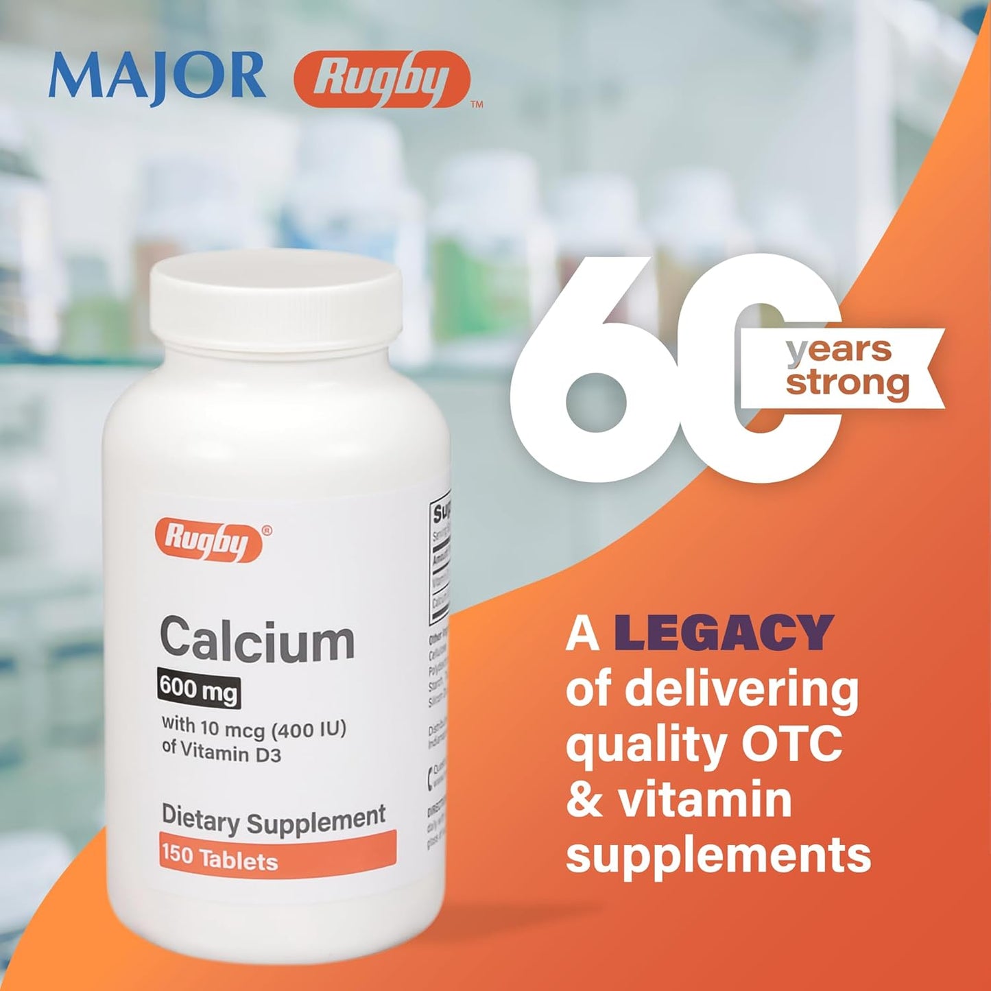 Calcium and Vitamin D3 Rugby Tablets - 600 mg - 150 Count - Dietary Supplement