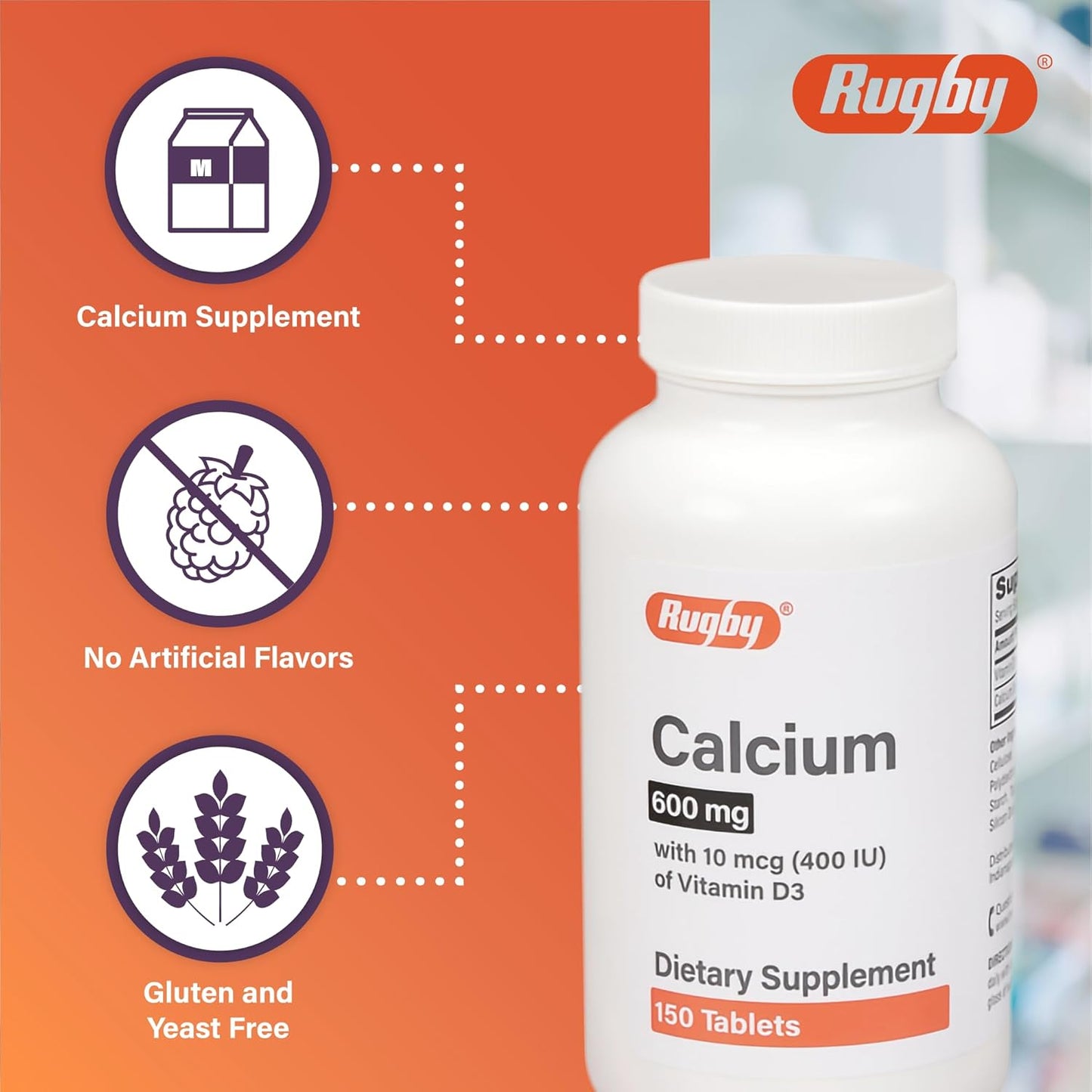 Calcium and Vitamin D3 Rugby Tablets - 600 mg - 150 Count - Dietary Supplement