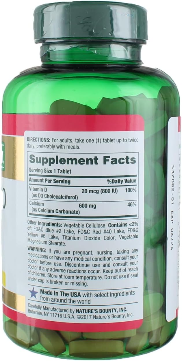 Calcium Carbonate & Vitamin D3 250ct for Immune & Bone Health - Nature's Bounty
