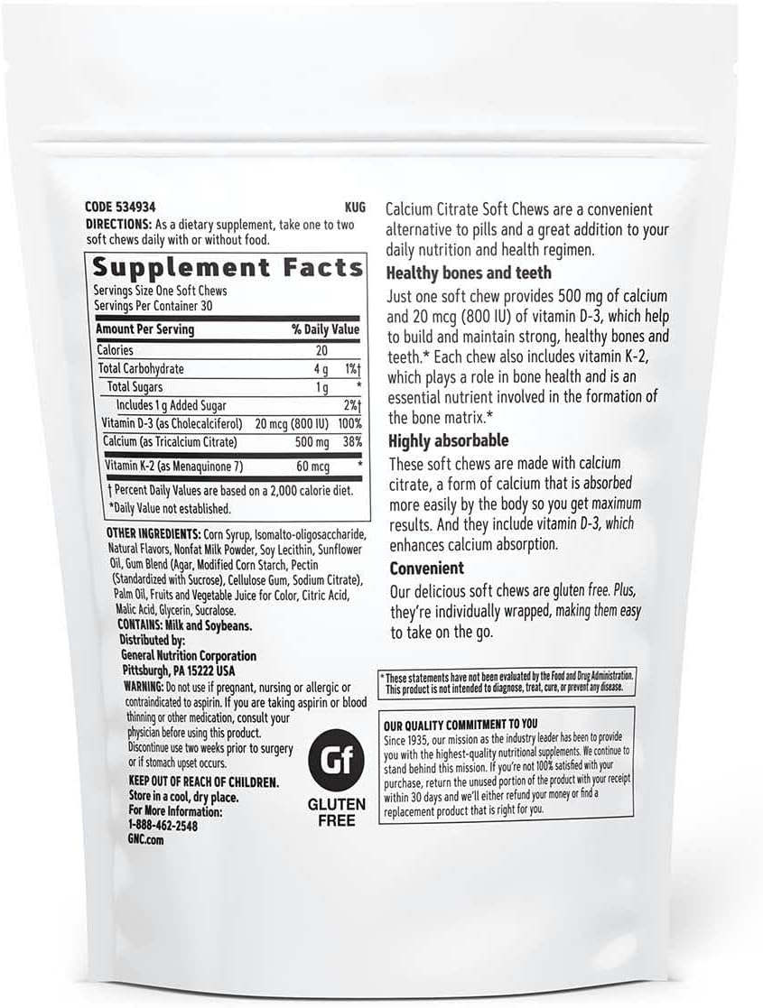 Calcium Citrate Soft Chews with Berries & Cream Flavor | 500mg Highly Absorbable Calcium | 30 Count Pack from GNC