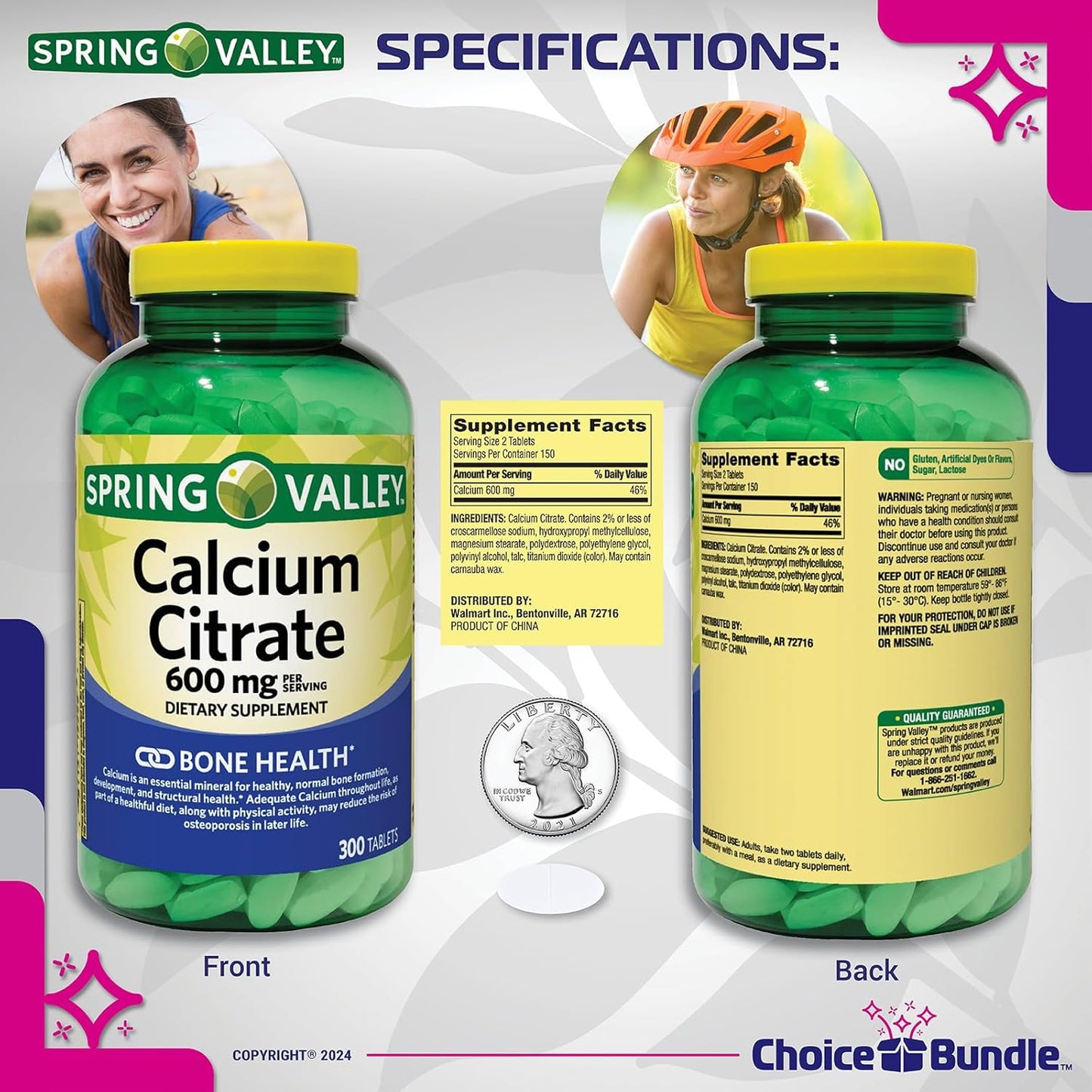 Calcium Citrate Tablets 600mg 300 Ct Bundle with Vitamin Guide & Pill Container - Spring Valley Dietary Supplement
