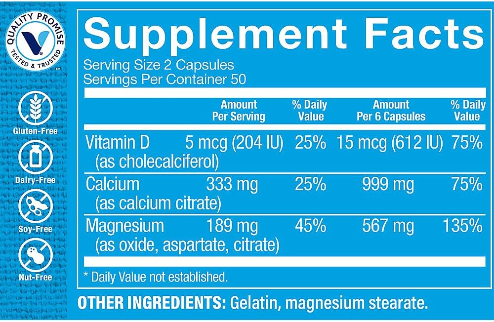 Calcium Citrate with Magnesium and Vitamin D Bone Health Supplement - 999mg Calcium, 567mg Magnesium, 612IU Vitamin D - 100 Capsules