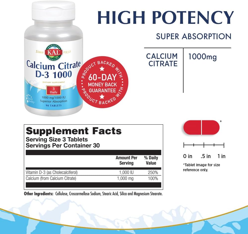 Calcium Citrate with Vitamin D Tablets, 1000 mg, 90 Count - High Potency Supplement
