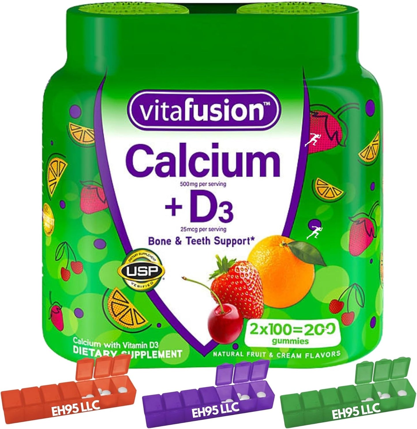 Calcium + D3 Gummy Vitamins 200 Count for Bone and Teeth Support - Includes 7 Days Pill Case