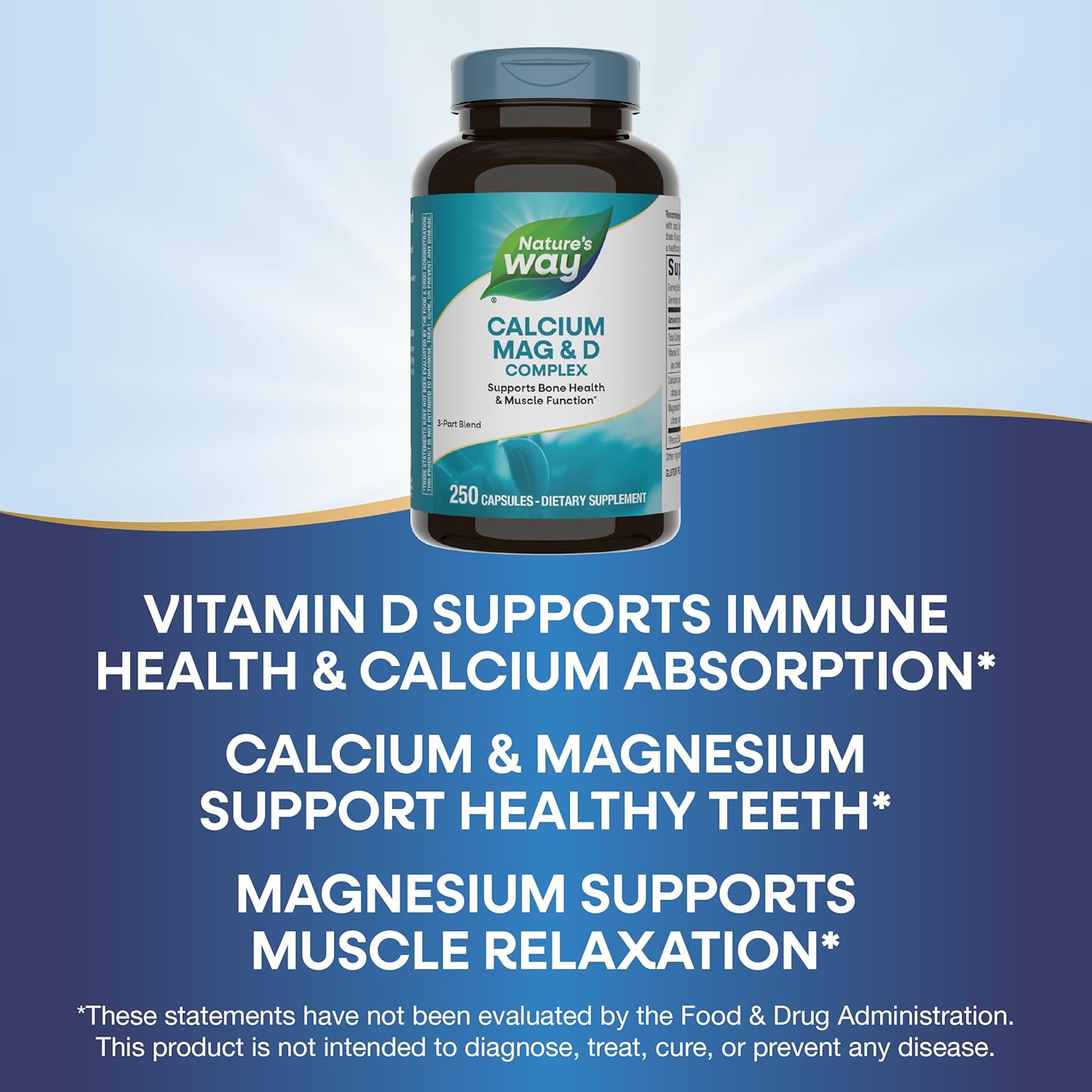 Calcium Magnesium & Vitamin D3 Complex for Healthy Bones, Teeth, and Muscles - 250 Capsules, Gluten Free
