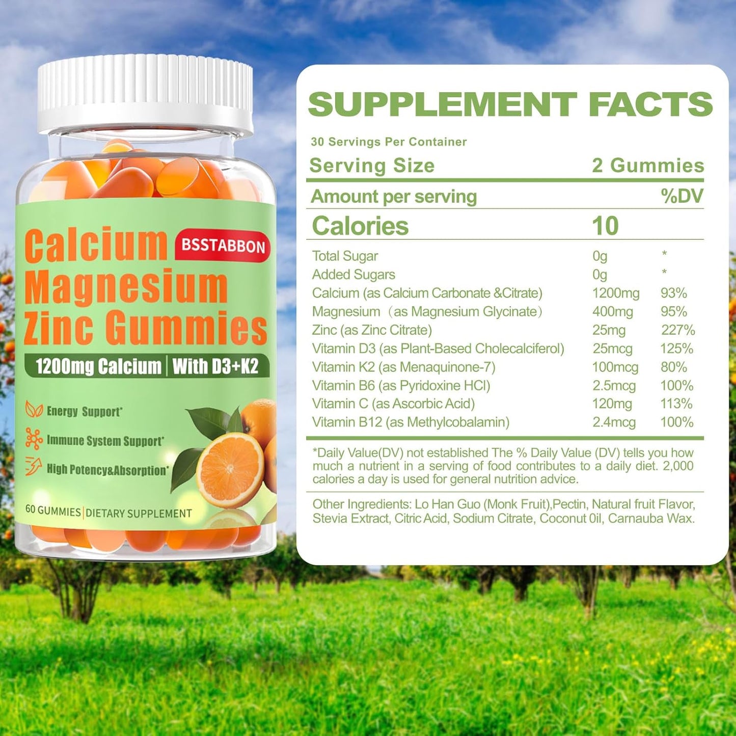 Calcium Magnesium Zinc Gummies for Adults - High Absorption Supplement with Vitamin D3 and B12 - Sugar Free (60 Count)