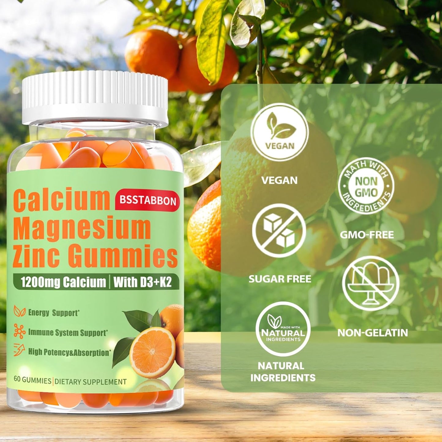 Calcium Magnesium Zinc Gummies for Adults - High Absorption Supplement with Vitamin D3 and B12 - Sugar Free (60 Count)