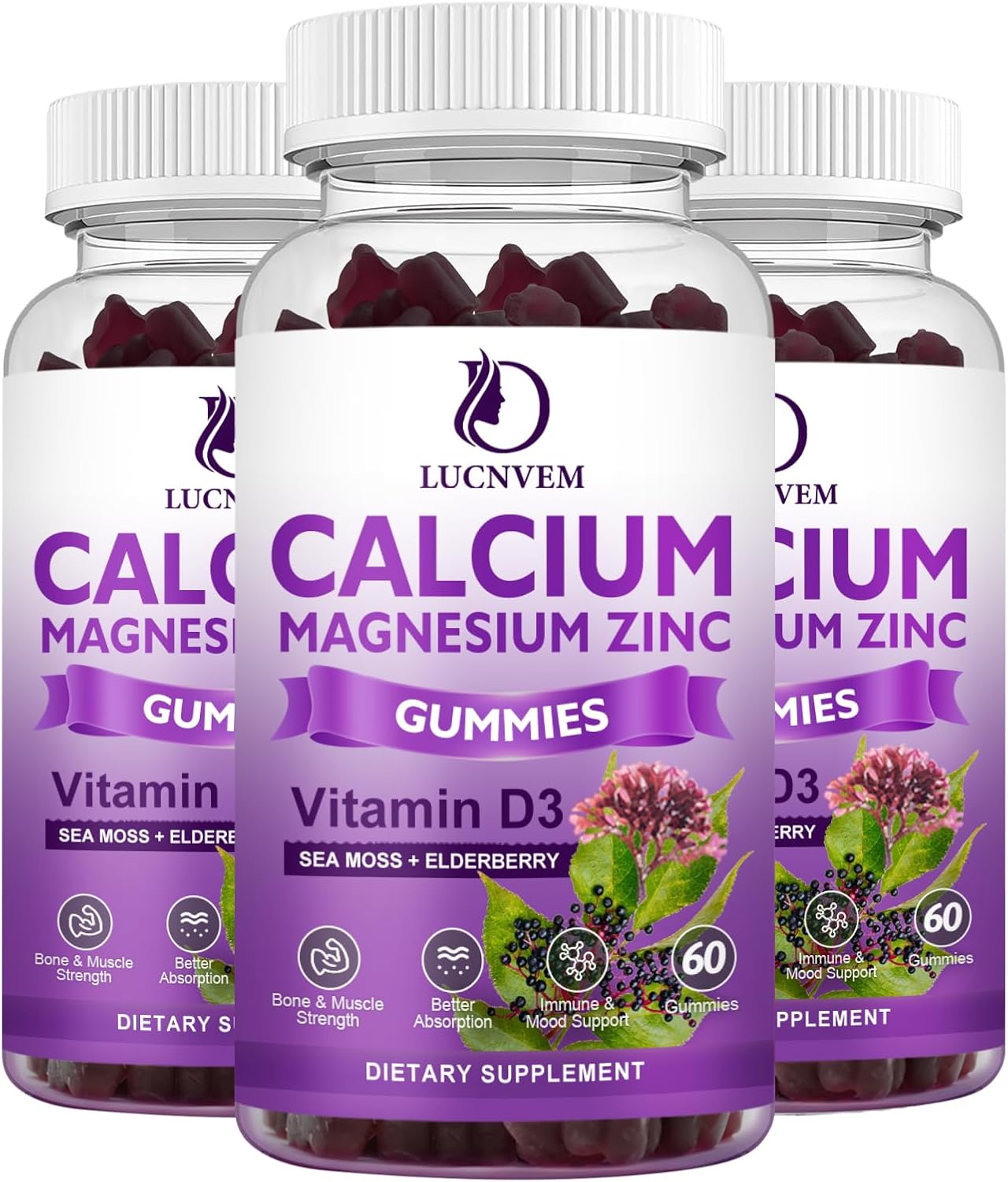 Calcium Magnesium Zinc Gummies with Elderberry & Sea Moss - 2:1 Ratio, Magnesium Glycinate, Vitamin D3 - Bone, Muscle, Mood, Sleep Support - 60 Gummies (3 Packs)