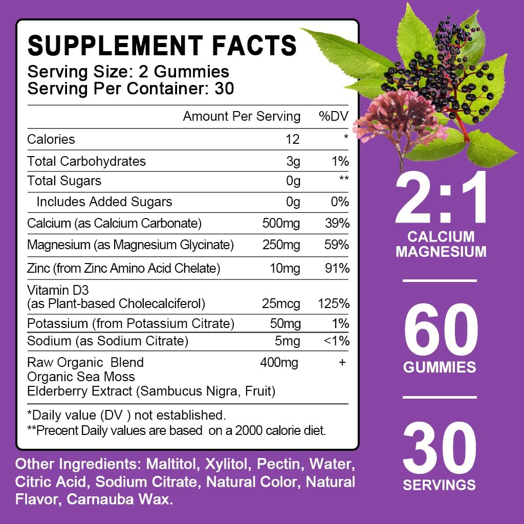 Calcium Magnesium Zinc Gummies with Elderberry & Sea Moss - 2:1 Ratio, Magnesium Glycinate, Vitamin D3 - Bone, Muscle, Mood, Sleep Support - 60 Gummies (3 Packs)